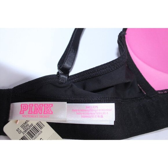 Pink By Victoria Secret 34 C Pink Black Solid Lightly Padded Unwired NWT - Picture 6 of 12
